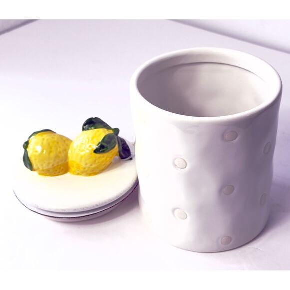 Ceramic Lemon Topper Cookie Jar – White Polka Dot Kitchen Canister- Decorative - Picture 2 of 4